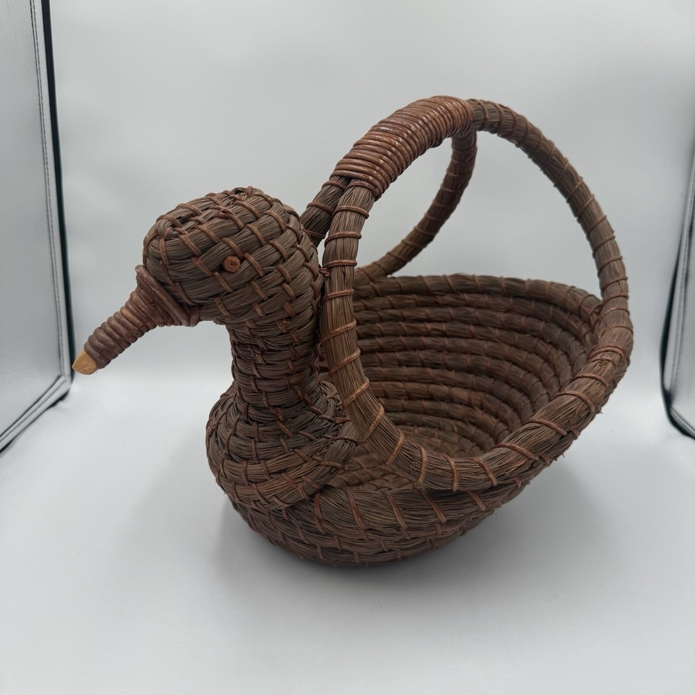 Vintage Native American Pine Needle Coiled Duck Basket Handwoven 12"